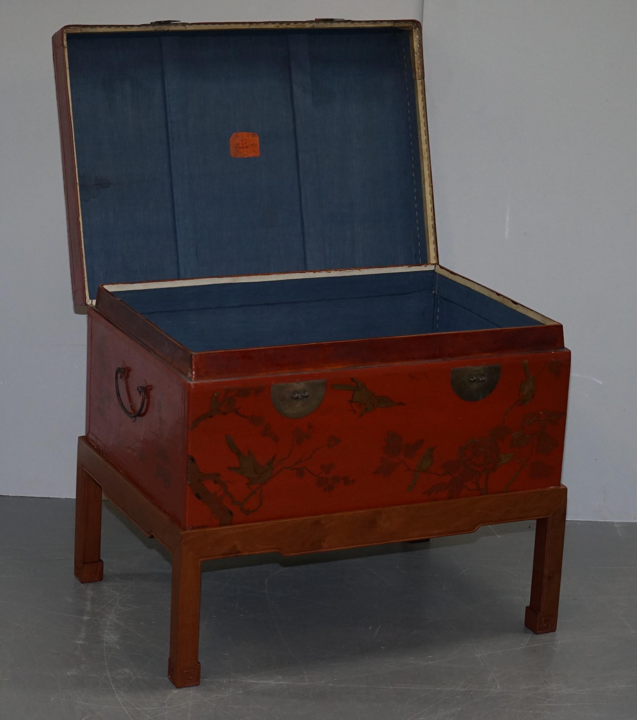 Vintage Chinese Chinoiserie Hand Painted Luggage Coffee Table Lots Storage Space For Sale 13
