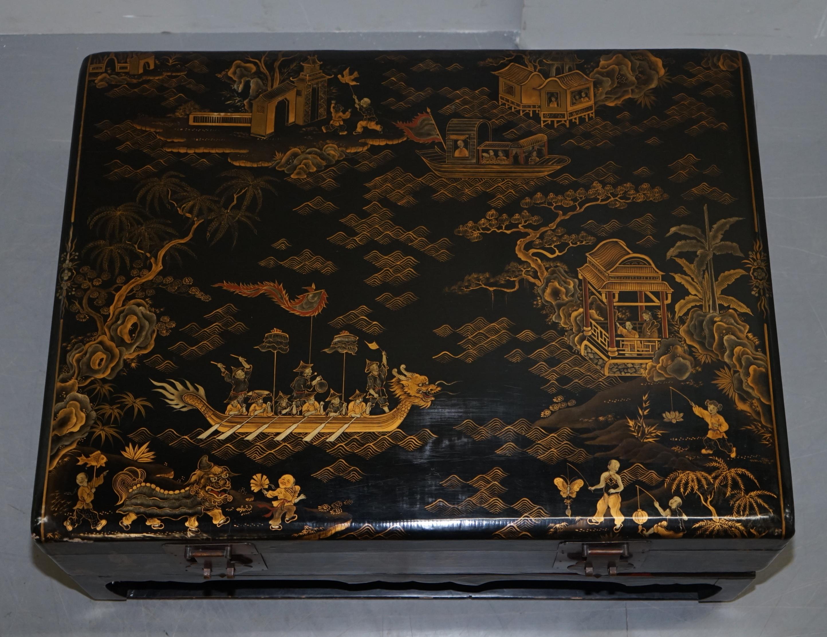 Lacquered Vintage Chinese Chinoiserie Hand Painted Luggage Coffee Table Lots Storage Space