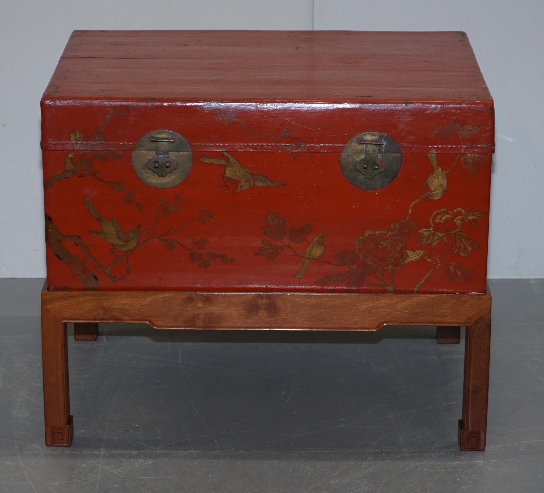 Lacquered Vintage Chinese Chinoiserie Hand Painted Luggage Coffee Table Lots Storage Space For Sale