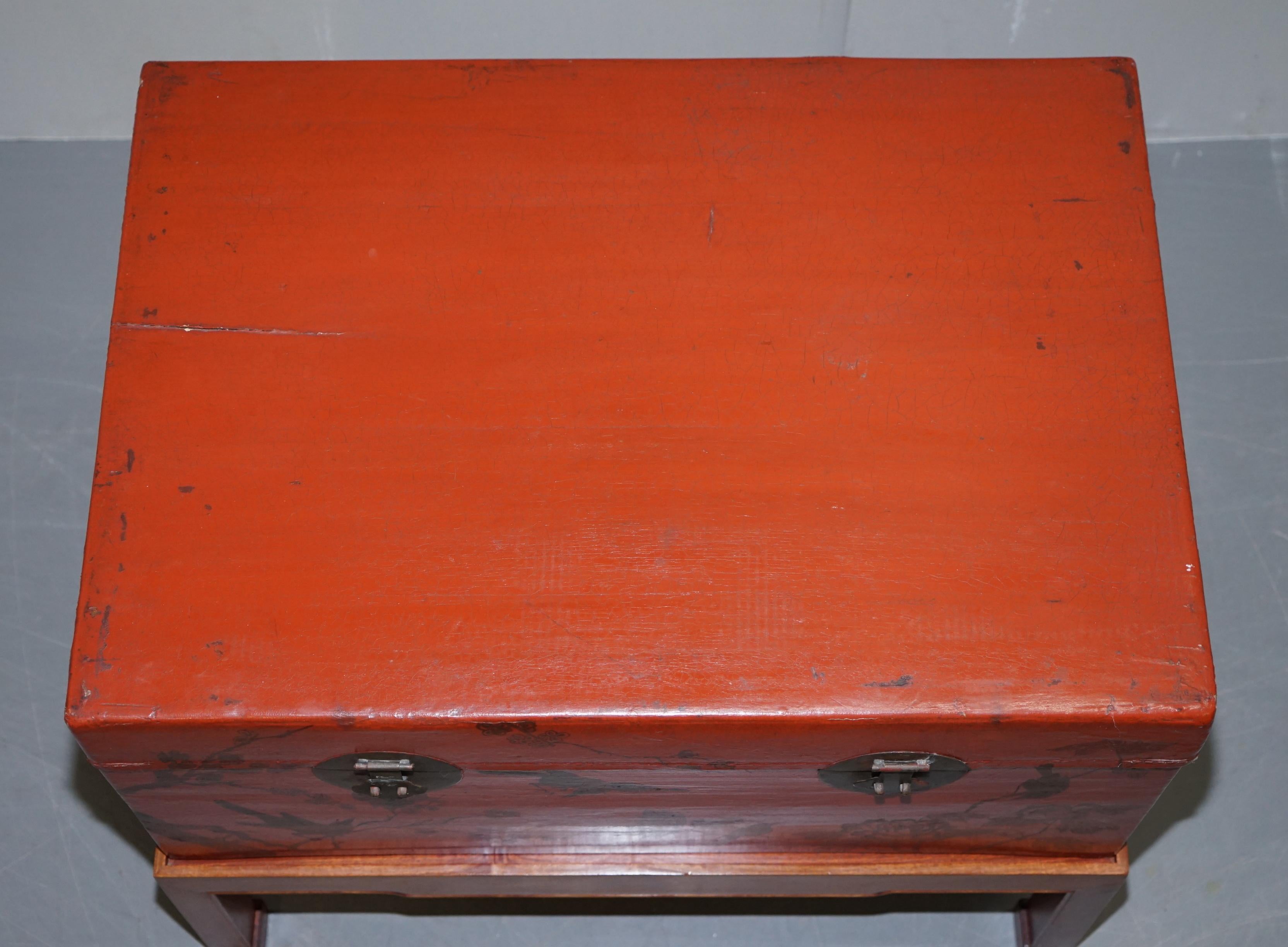 Wood Vintage Chinese Chinoiserie Hand Painted Luggage Coffee Table Lots Storage Space For Sale