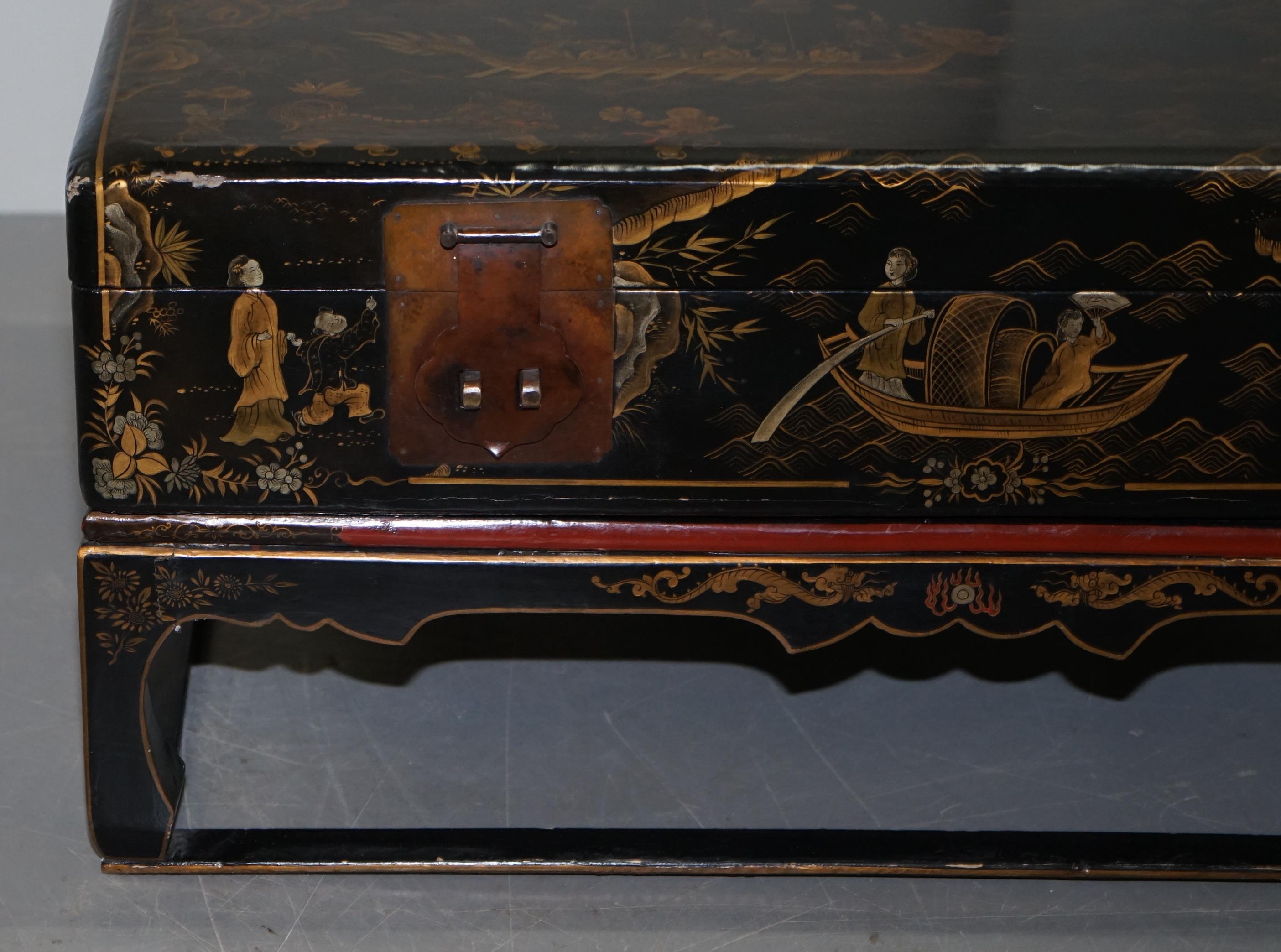 Vintage Chinese Chinoiserie Hand Painted Luggage Coffee Table Lots Storage Space 3