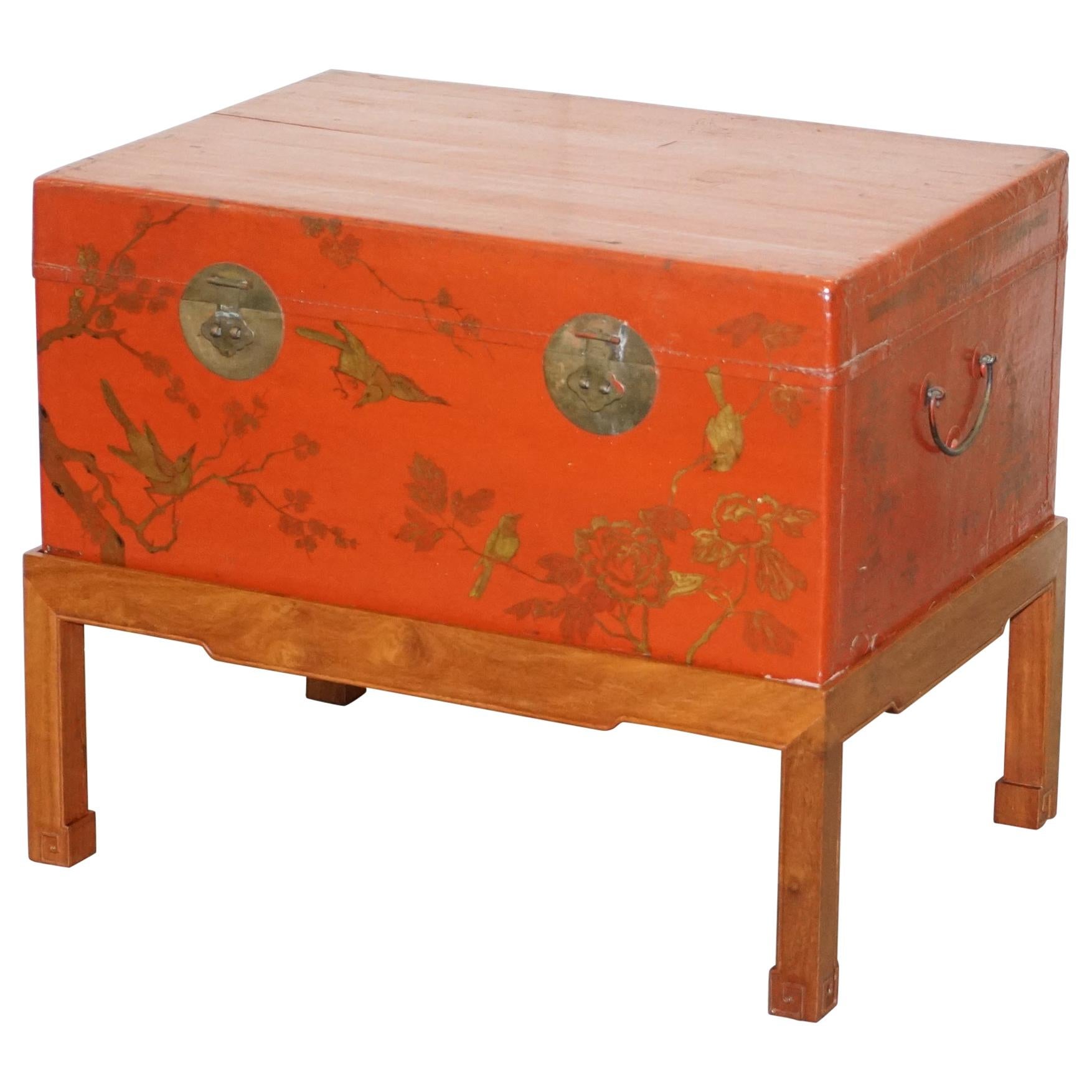 Vintage Chinese Chinoiserie Hand Painted Luggage Coffee Table Lots Storage Space For Sale