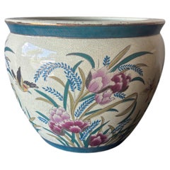 Vintage Chinese Chinoiserie Peony & Koi Porcelain Planter