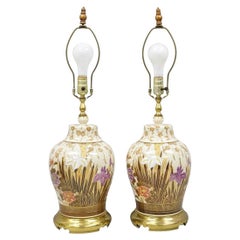 Vintage Chinese Chinoiserie Porcelain Ginger Jar Painted Floral Table Lamp Pair