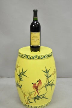 Vintage Chinese Chinoiserie Yellow Porcelain Ceramic Garden Seat w Painted Birds