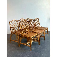 Vintage Chinese Chippendale Bamboo Dining Chairs - Set of 6