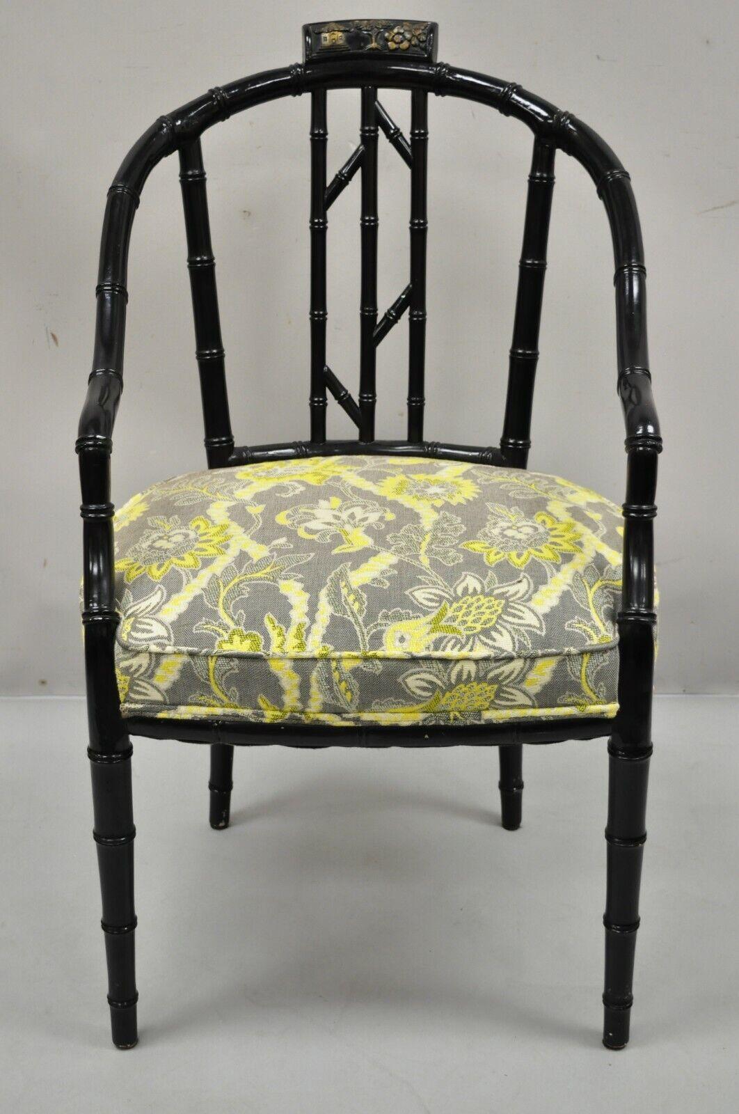 Vintage Chinese Chippendale Black Lacquer Faux Bamboo Fretwork Lounge Chair 6