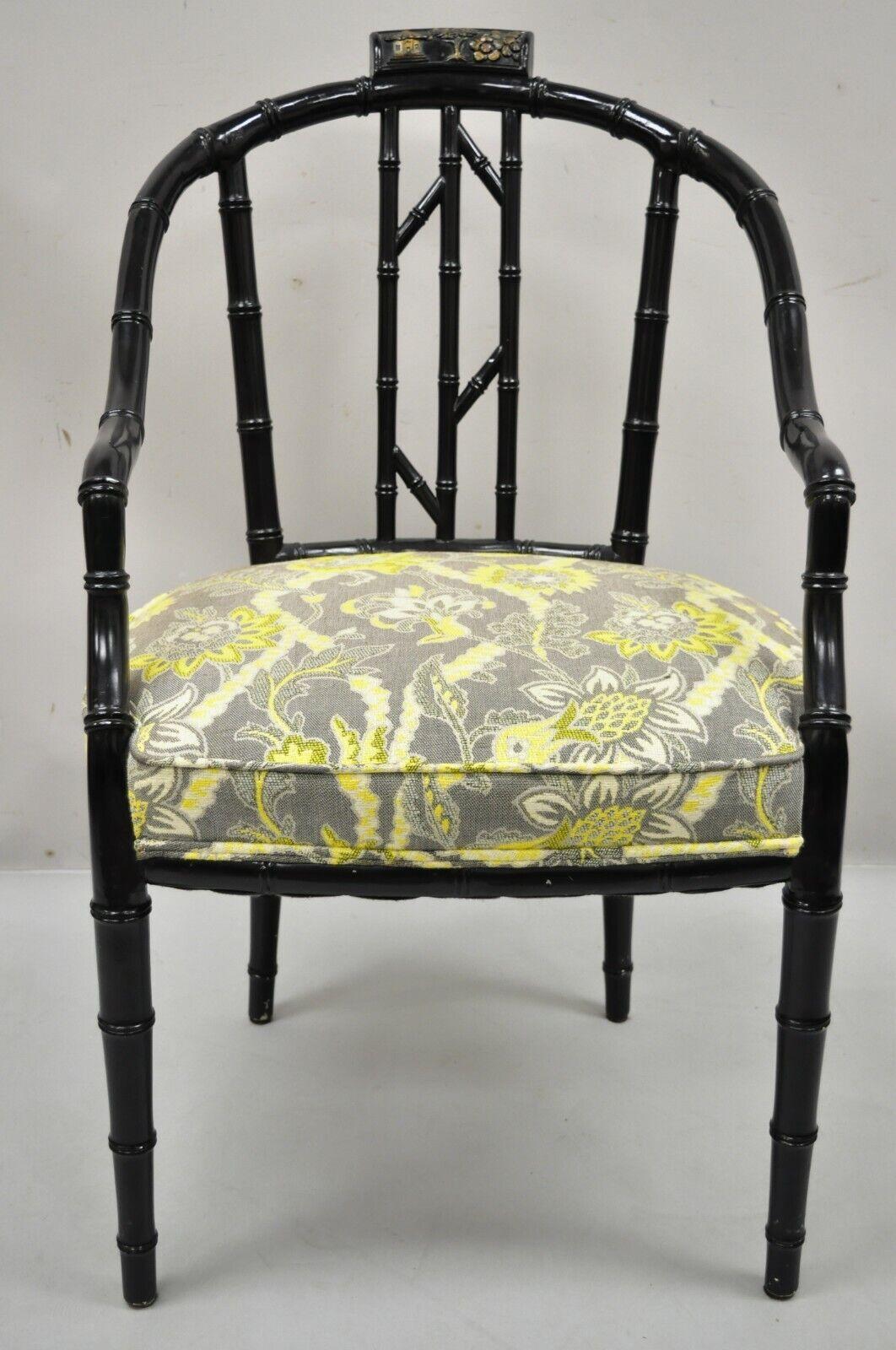 Vintage Chinese Chippendale black lacquer faux bamboo fretwork lounge chair. Item features carved wood faux bamboo fretwork frame, black lacquer finish, very nice vintage item, great style and form. Mid to late 20th century. Measurements: 38.5