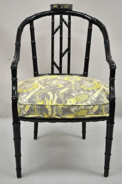 Vintage Chinese Chippendale Black Lacquer Faux Bamboo Fretwork Lounge Chair