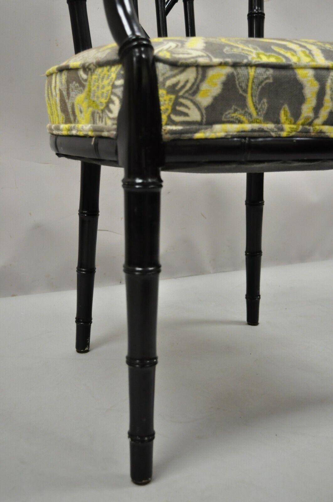 Wood Vintage Chinese Chippendale Black Lacquer Faux Bamboo Fretwork Lounge Chair