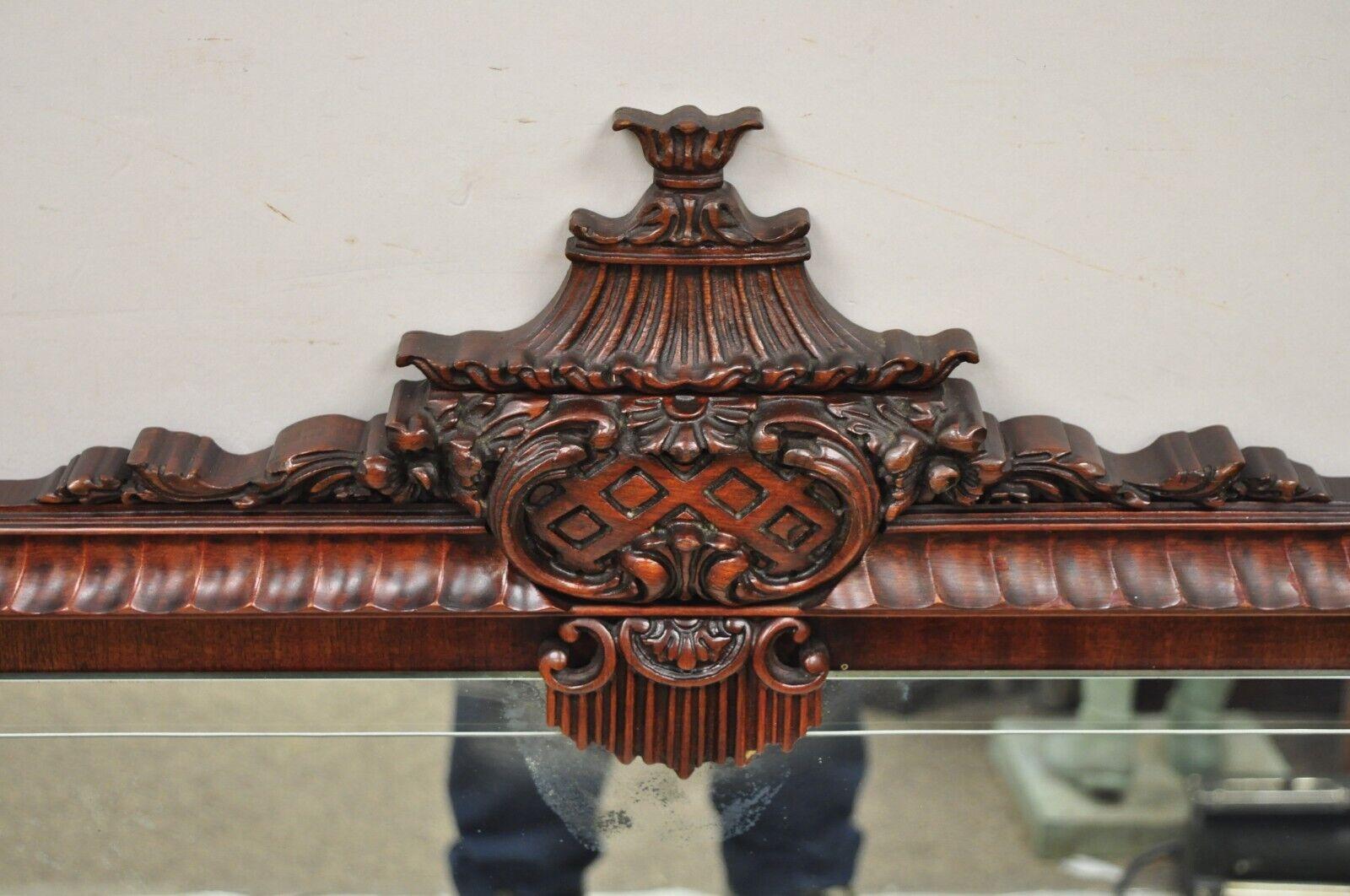 Vintage Chinese Chippendale Carved Mahogany Pagoda Large Wall Mirror For Sale 6