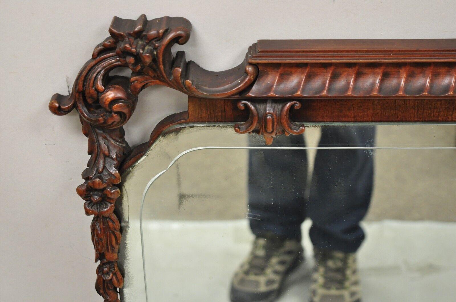 20th Century Vintage Chinese Chippendale Carved Mahogany Pagoda Large Wall Mirror For Sale