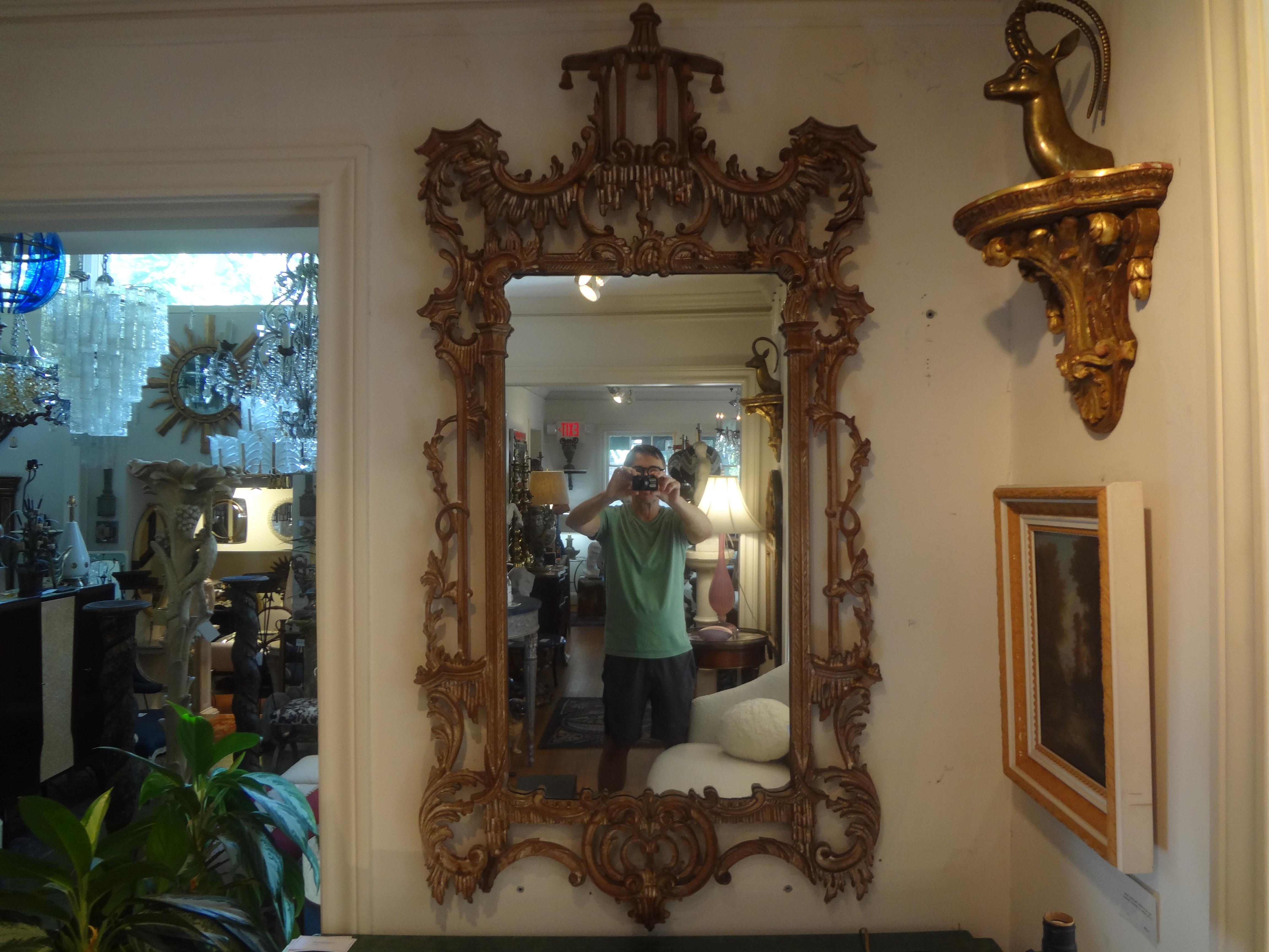 Vintage Chinese Chippendale Style Carved Wood Pagoda Mirror In Good Condition In Houston, TX