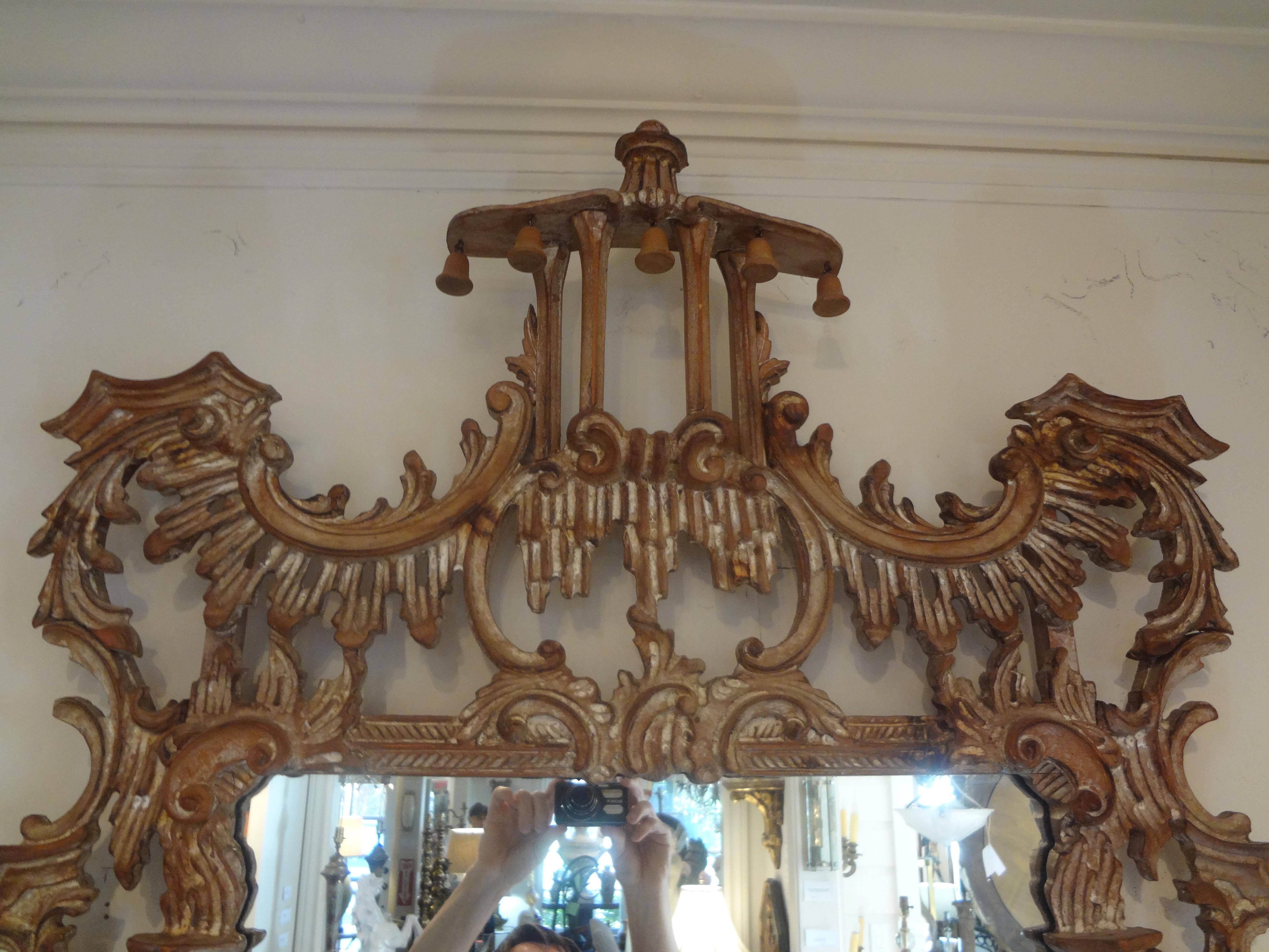 Mid-20th Century Vintage Chinese Chippendale Style Carved Wood Pagoda Mirror