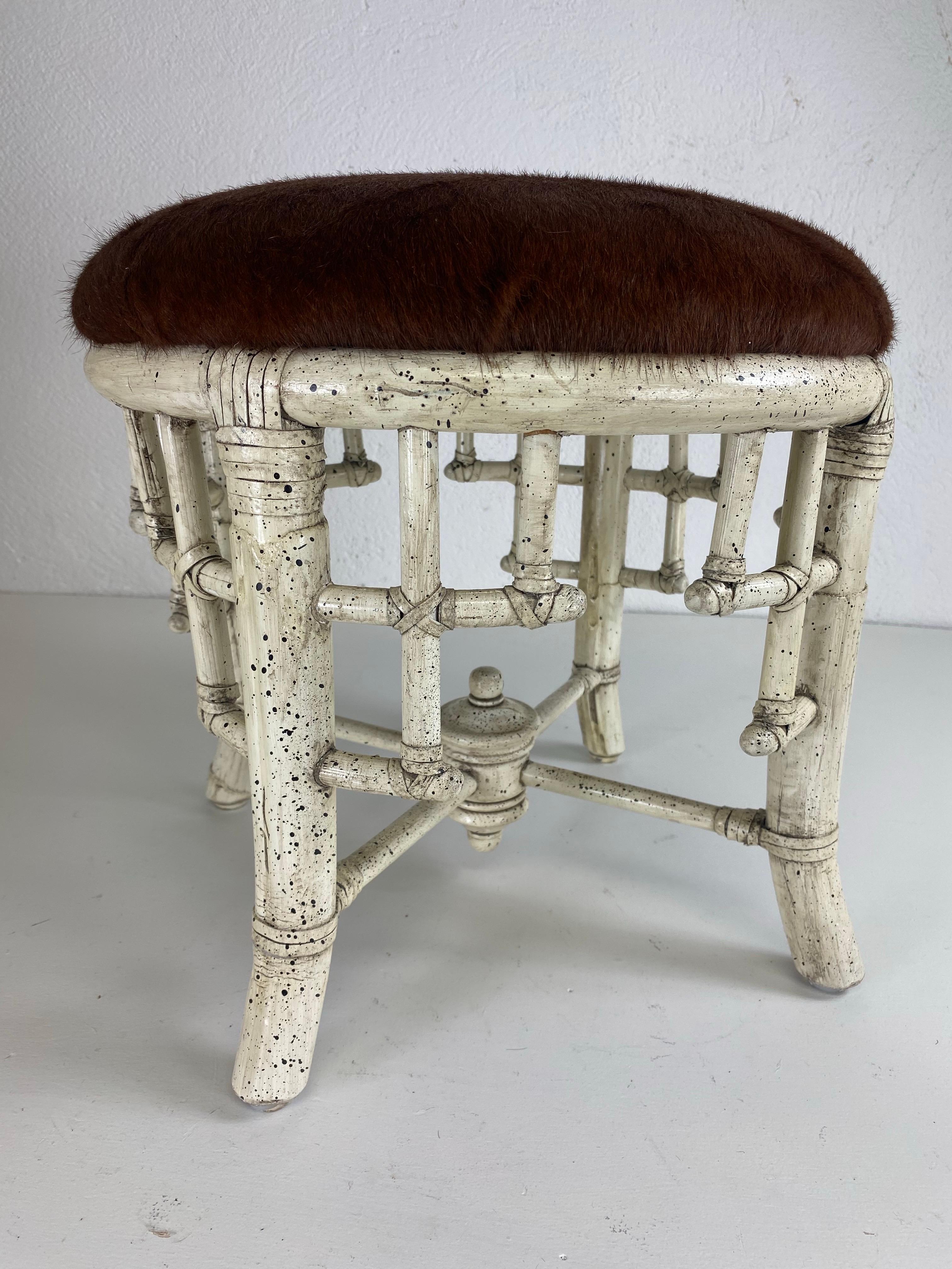 Vintage Chinese Chippendale coastal bamboo cowhide upholstery stool 4