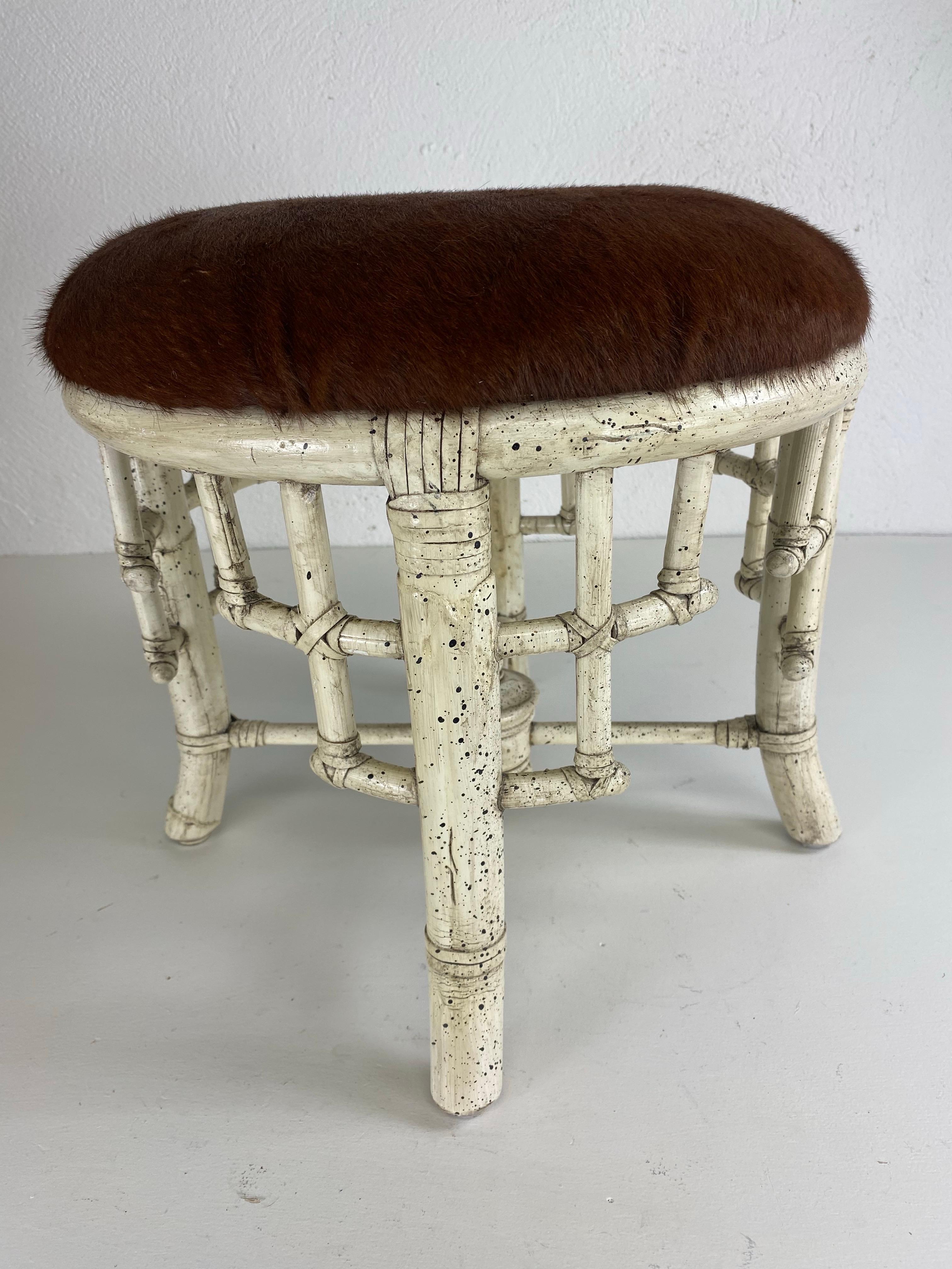 Unknown Vintage Chinese Chippendale coastal bamboo cowhide upholstery stool