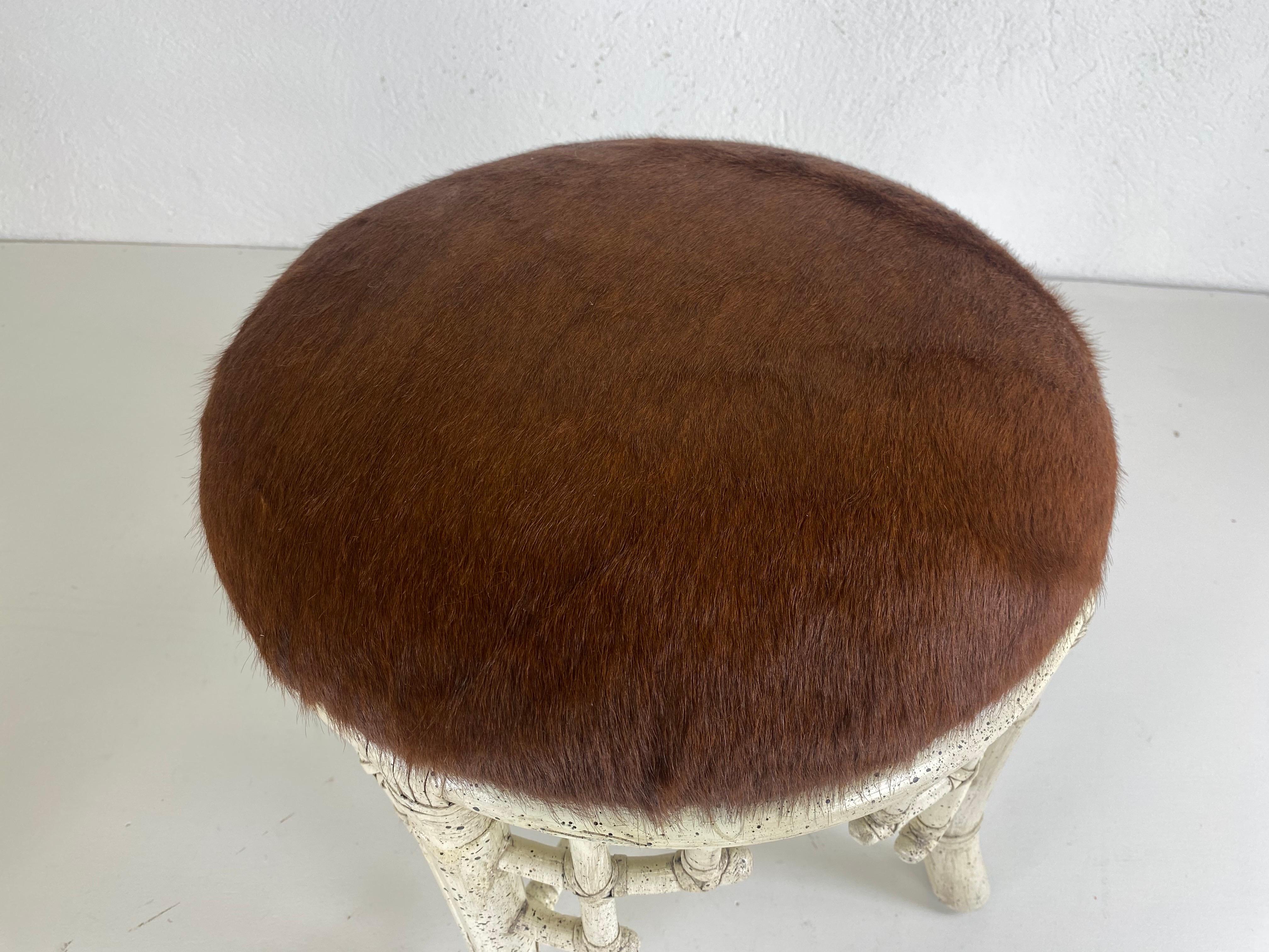 Hand-Crafted Vintage Chinese Chippendale coastal bamboo cowhide upholstery stool