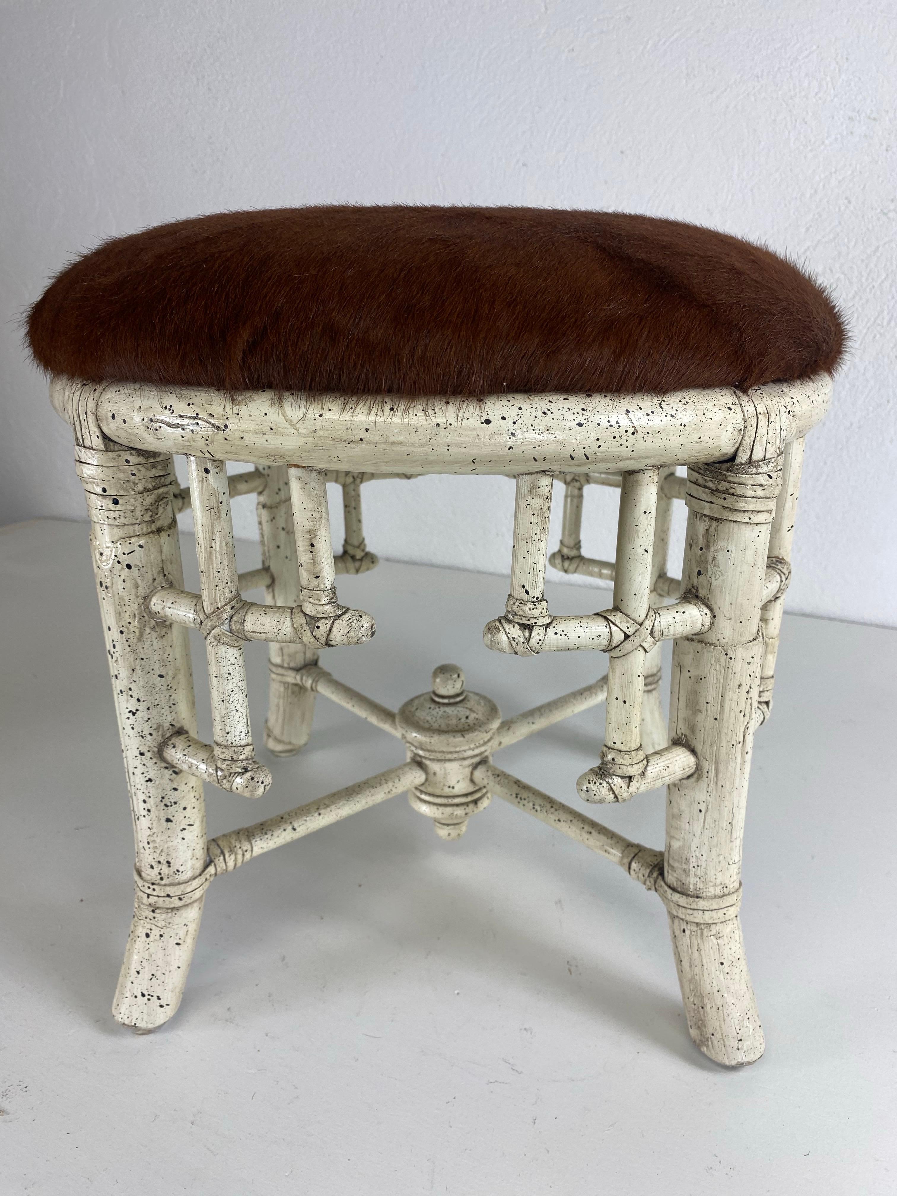 Mid-20th Century Vintage Chinese Chippendale coastal bamboo cowhide upholstery stool