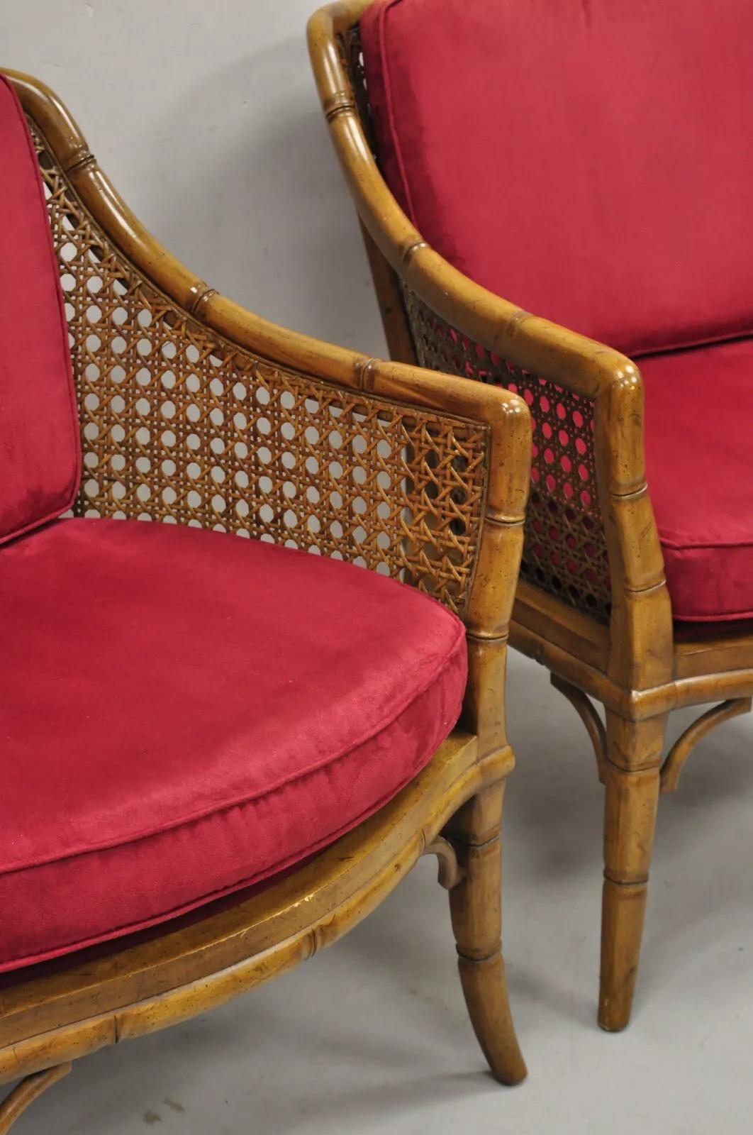 Vintage Chinese Chippendale Faux Bamboo Cane Barrel Back Club Chairs - a Pair For Sale 4