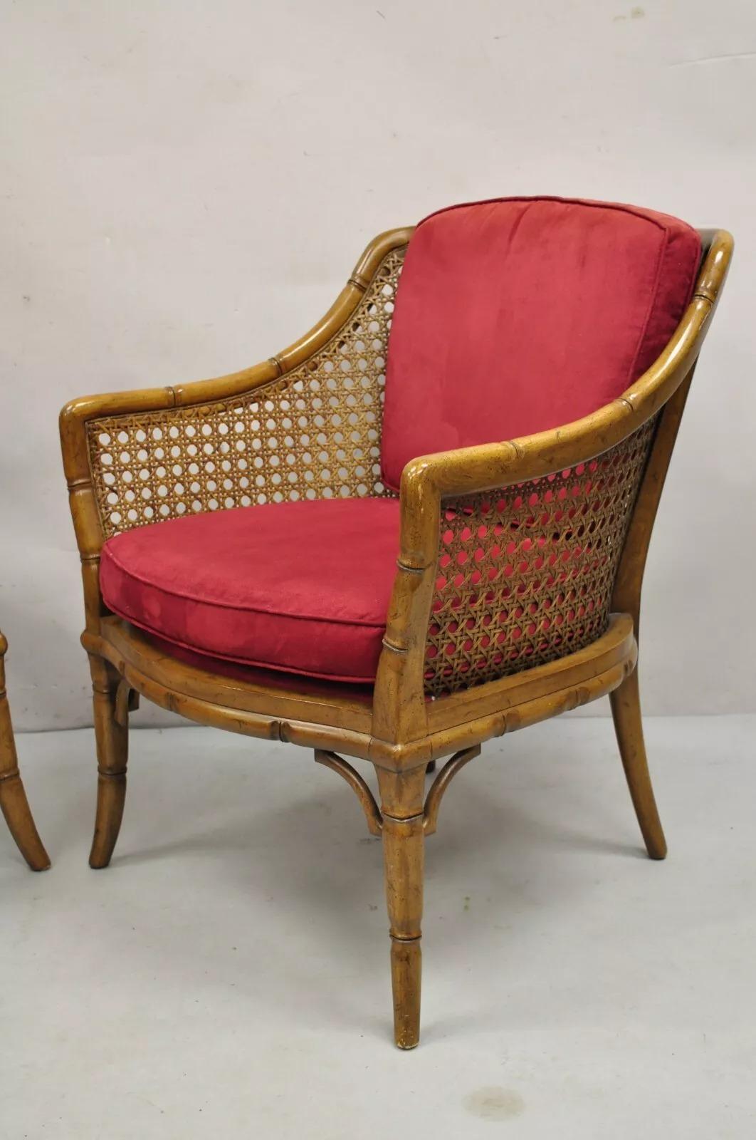 Vintage Chinese Chippendale Faux Bamboo Cane Barrel Back Club Chairs - a Pair For Sale 5