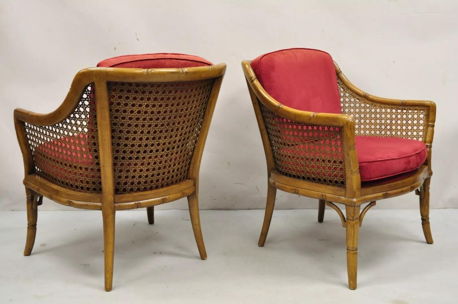 Vintage Chinese Chippendale Faux Bamboo Cane Barrel Back Club Chairs - a Pair For Sale 6