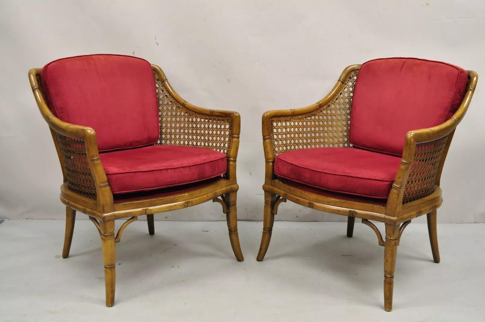 Hollywood Regency Vintage Chinese Chippendale Faux Bamboo Cane Barrel Back Club Chairs - a Pair For Sale
