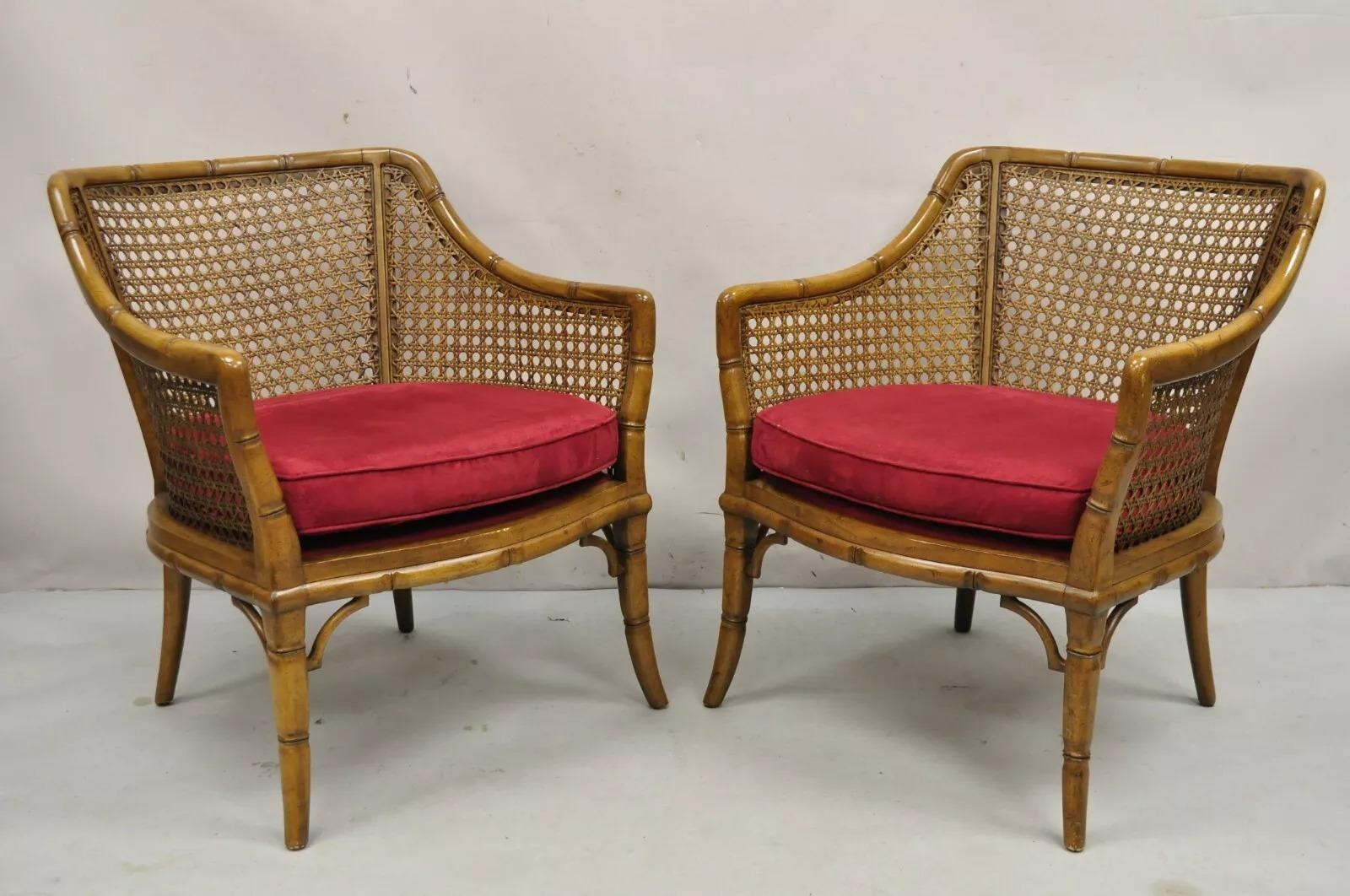 Unknown Vintage Chinese Chippendale Faux Bamboo Cane Barrel Back Club Chairs - a Pair For Sale