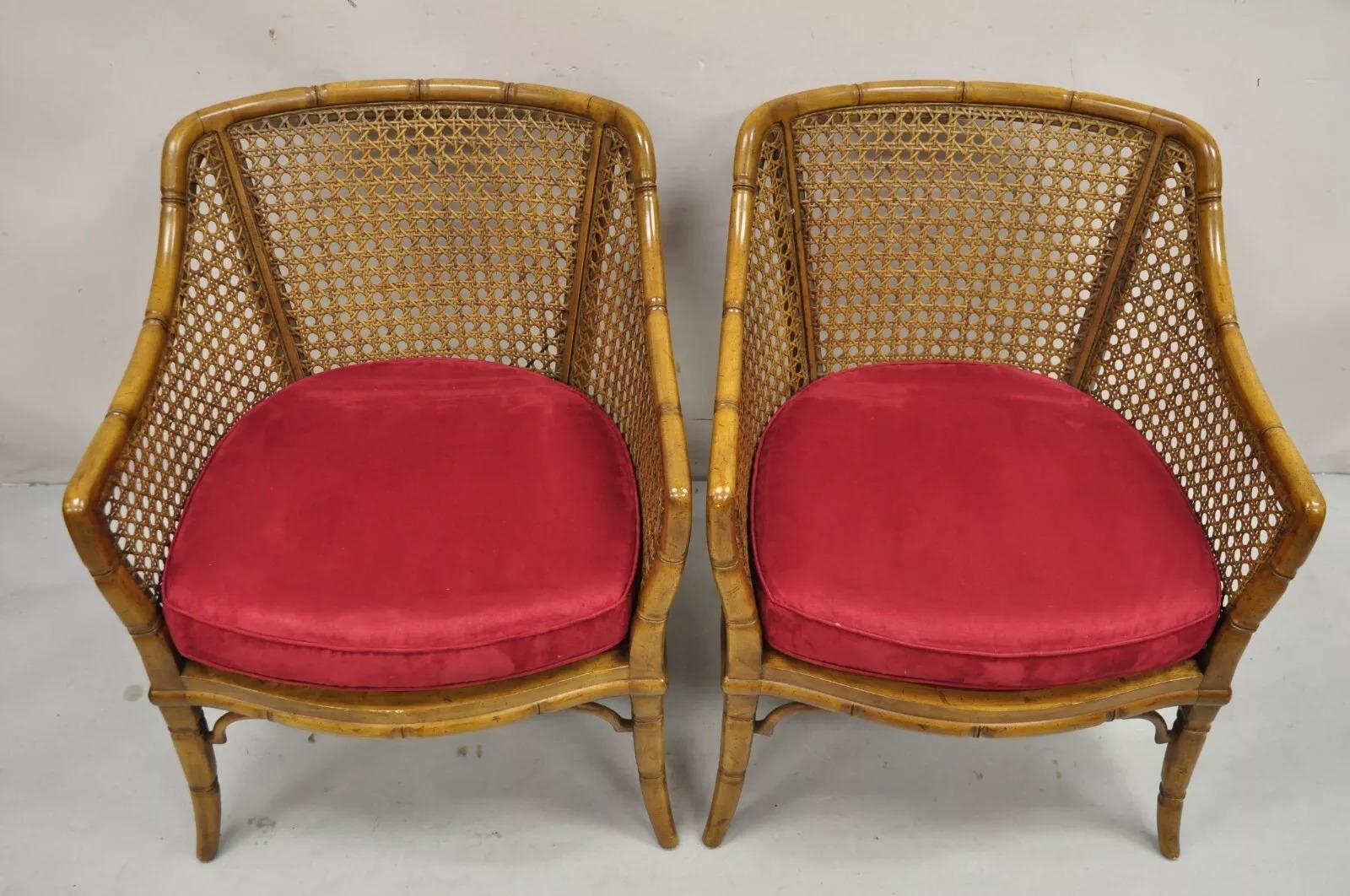 Vintage Chinese Chippendale Faux Bamboo Cane Barrel Back Club Chairs - a Pair In Good Condition For Sale In Philadelphia, PA