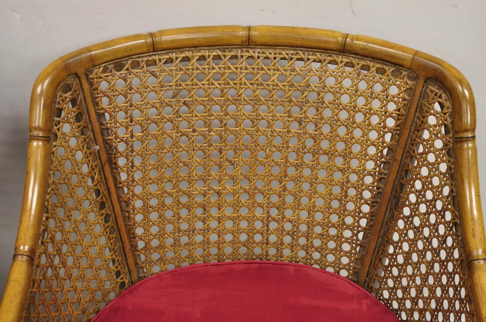20th Century Vintage Chinese Chippendale Faux Bamboo Cane Barrel Back Club Chairs - a Pair For Sale