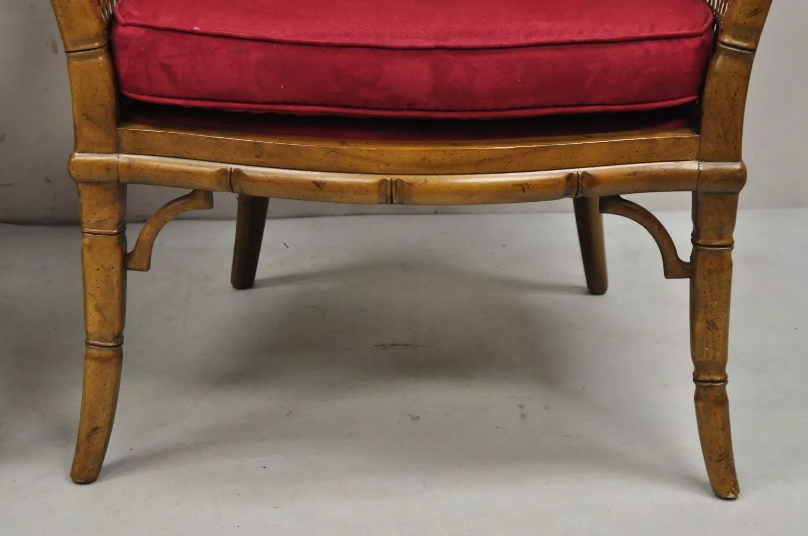 Vintage Chinese Chippendale Faux Bamboo Cane Barrel Back Club Chairs - a Pair For Sale 1