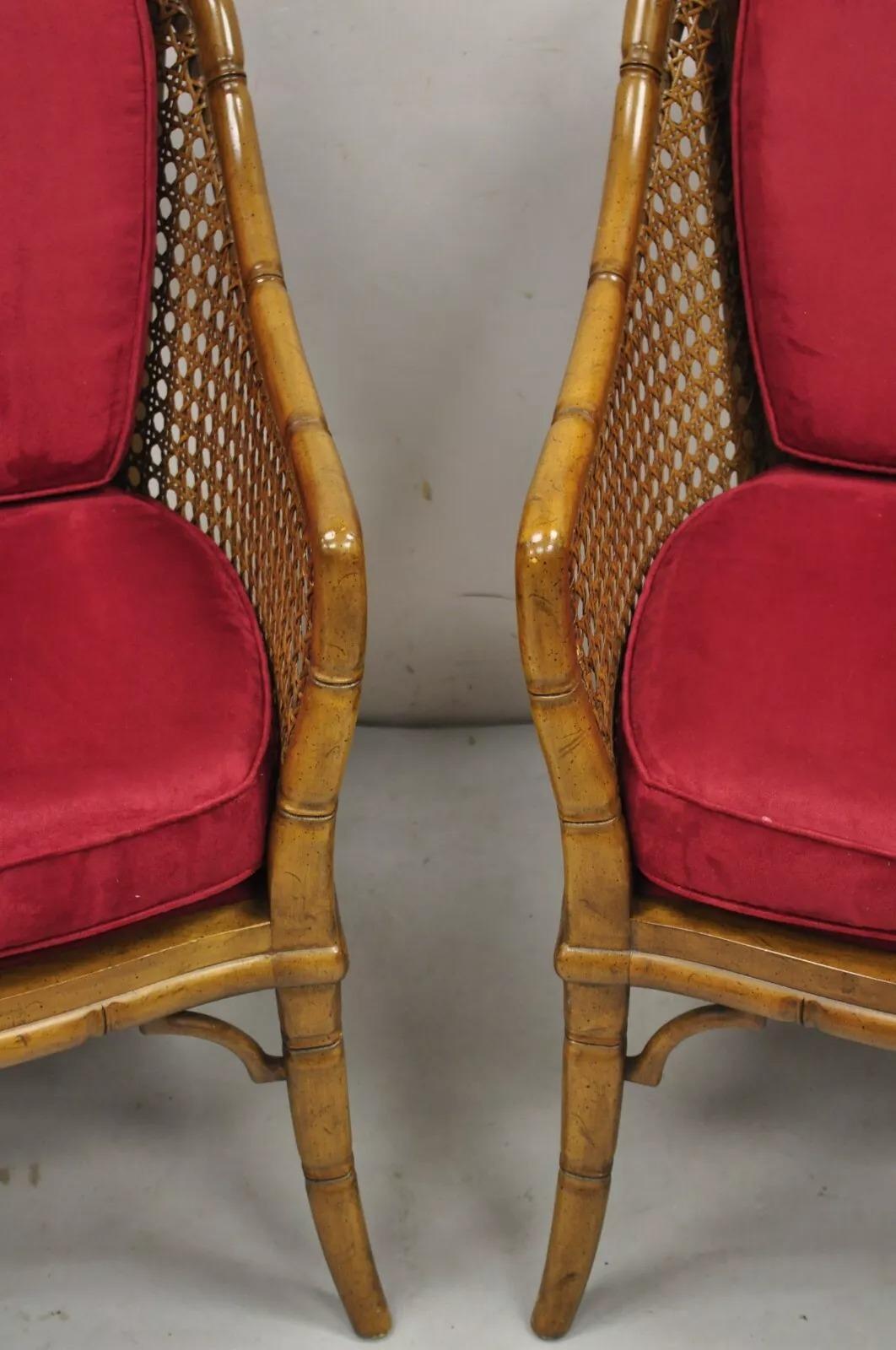 Vintage Chinese Chippendale Faux Bamboo Cane Barrel Back Club Chairs - a Pair For Sale 2