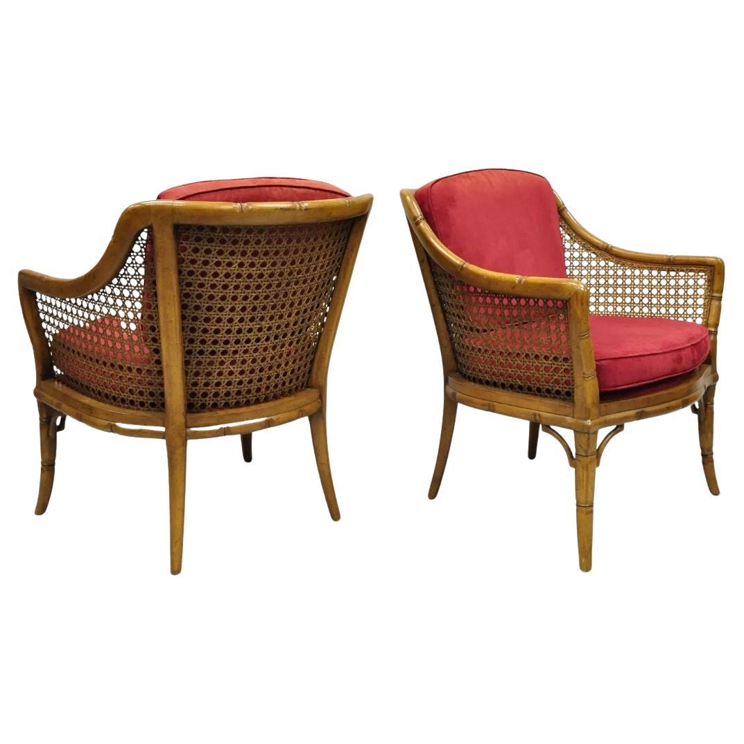 Vintage Chinese Chippendale Faux Bamboo Cane Barrel Back Club Chairs - a Pair