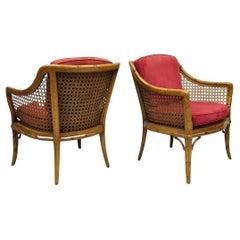 Vintage Chinese Chippendale Faux Bamboo Cane Barrel Back Club Chairs - ein Paar