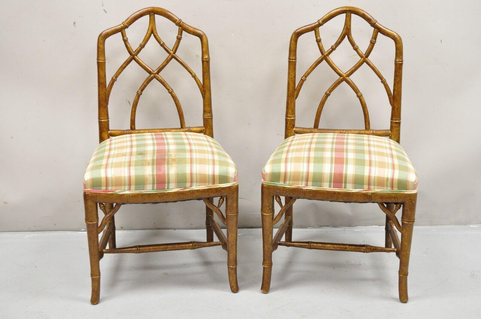 Vintage Chinese Chippendale Faux Bamboo Gold Gilt Hollywood Regency Side Chairs - a Pair. Item features solid wood frames, distressed gold gilt finish, stretcher base, quality American craftsmanship, great style and form. Mid 20th Century.