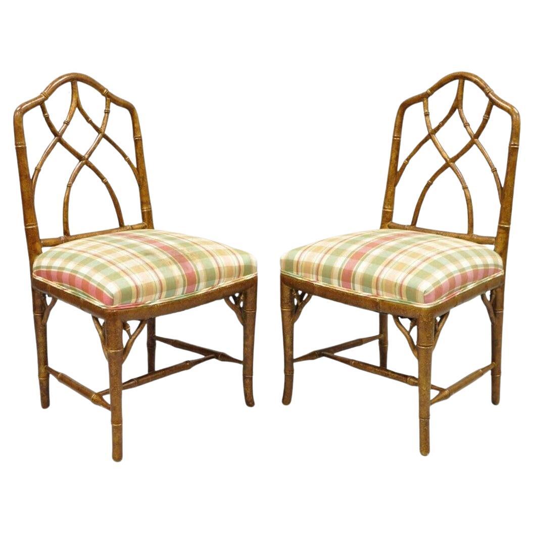 Vintage Chinese Chippendale Faux Bamboo Gold Gilt Hollywood Regency Side Chairs For Sale