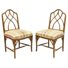 Retro Chinese Chippendale Faux Bamboo Gold Gilt Hollywood Regency Side Chairs