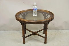 Vintage Chinese Chippendale Faux Bamboo Oval Small Glass Top Side End Table Pair