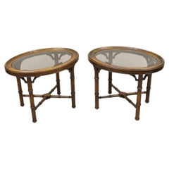 Vintage Chinese Chippendale Faux Bamboo Oval Small Glass Top Side End Table Pair