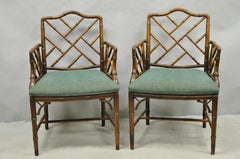 Vintage Chinese Chippendale Faux Bamboo Wood Fretwork Dining Arm Chairs - a Pair