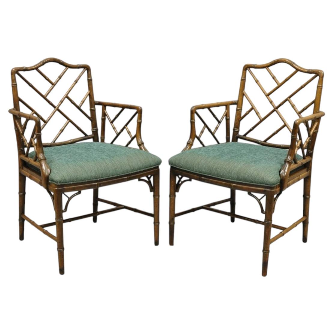 Vintage Chinese Chippendale Faux Bamboo Wood Fretwork Dining Arm Chairs - a Pair