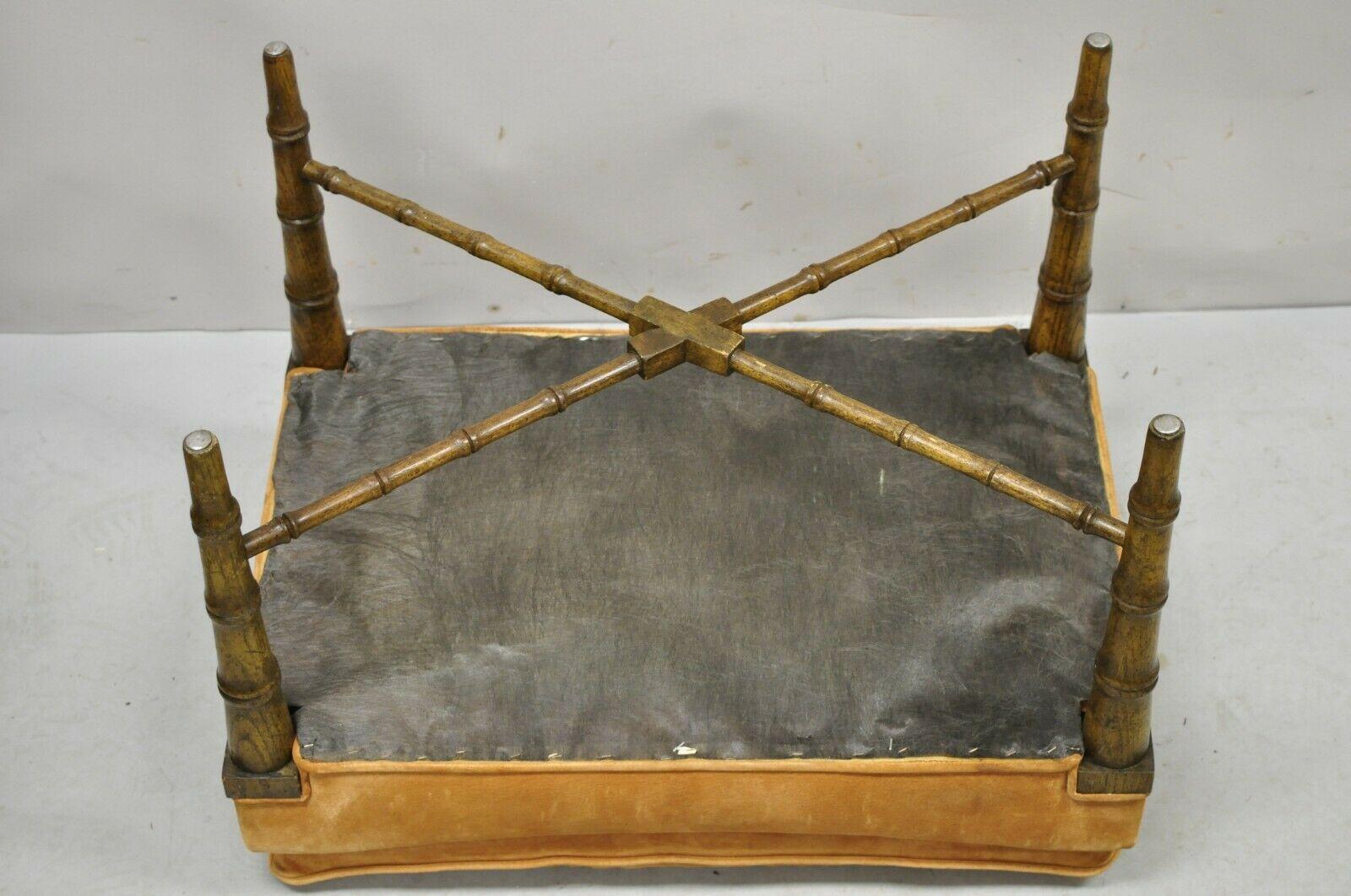 Vintage Chinese Chippendale Faux Bamboo Wooden Vanity Bench Orange Suede 5