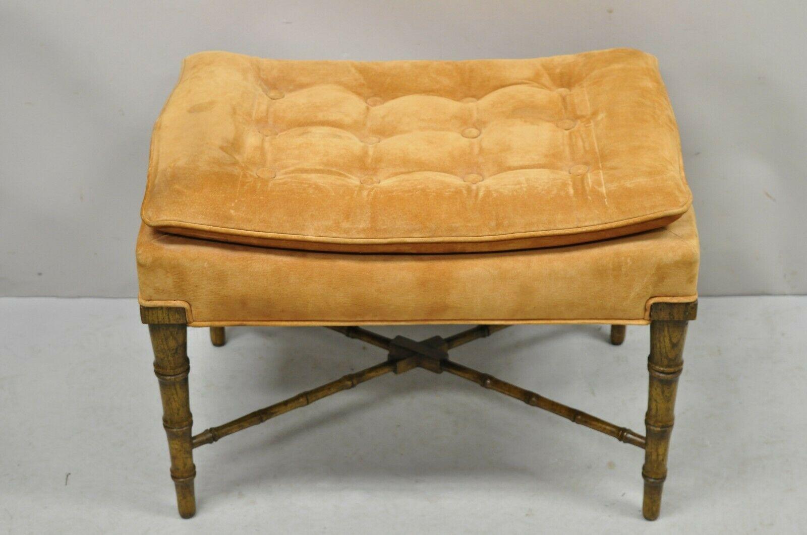 Vintage Chinese Chippendale Faux Bamboo Wooden Vanity Bench Orange Suede 6