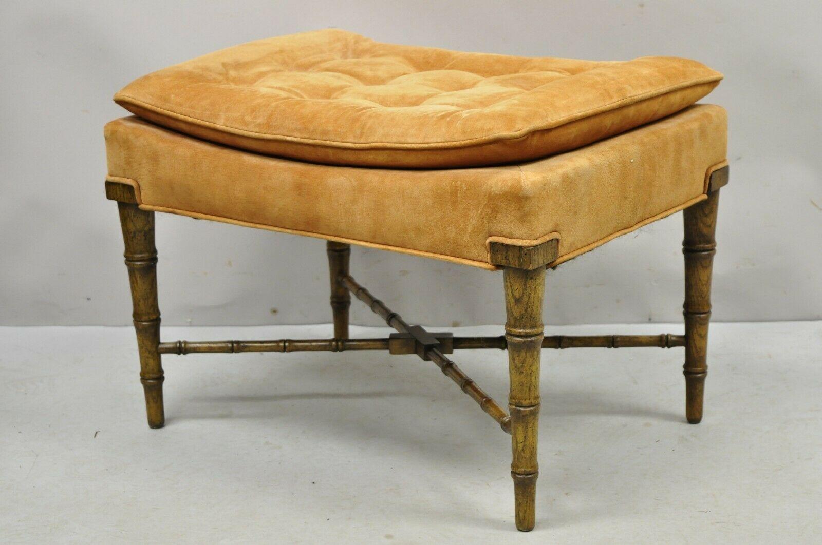 Vintage Chinese Chippendale faux bamboo wooden vanity bench orange suede upholstery. Item features carved faux bamboo wooden frame, stretcher base, peach colored button tufted suede upholstery, distressed finish, nicely carved details, very nice