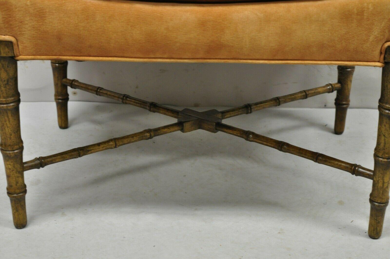 Vintage Chinese Chippendale Faux Bamboo Wooden Vanity Bench Orange Suede In Good Condition In Philadelphia, PA
