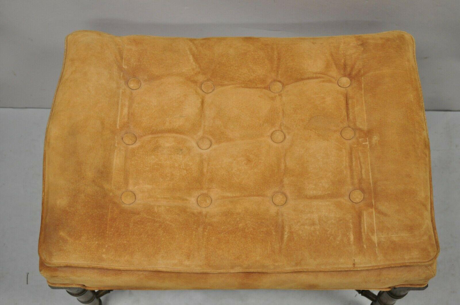 Fabric Vintage Chinese Chippendale Faux Bamboo Wooden Vanity Bench Orange Suede