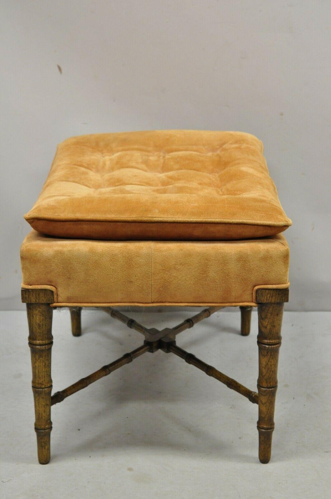 Vintage Chinese Chippendale Faux Bamboo Wooden Vanity Bench Orange Suede 3
