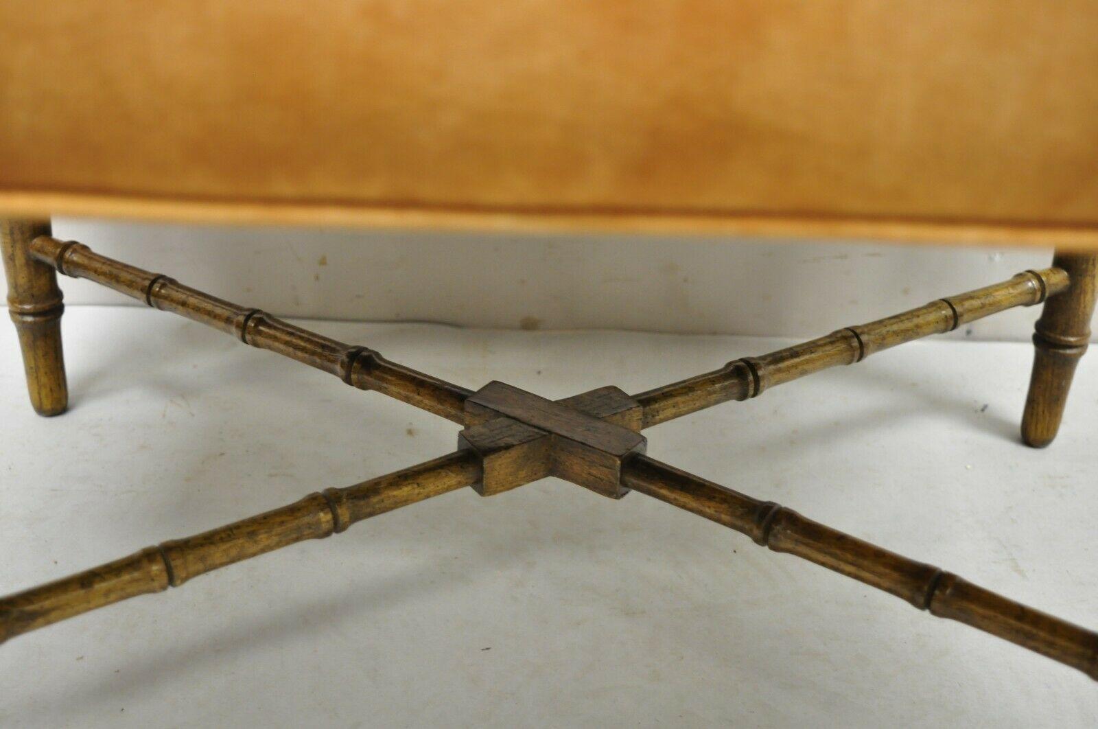 Vintage Chinese Chippendale Faux Bamboo Wooden Vanity Bench Orange Suede 4
