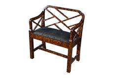 Vintage Chinese Chippendale Faux Tortoise Shell Pierced Trellis Bench Arm Chair