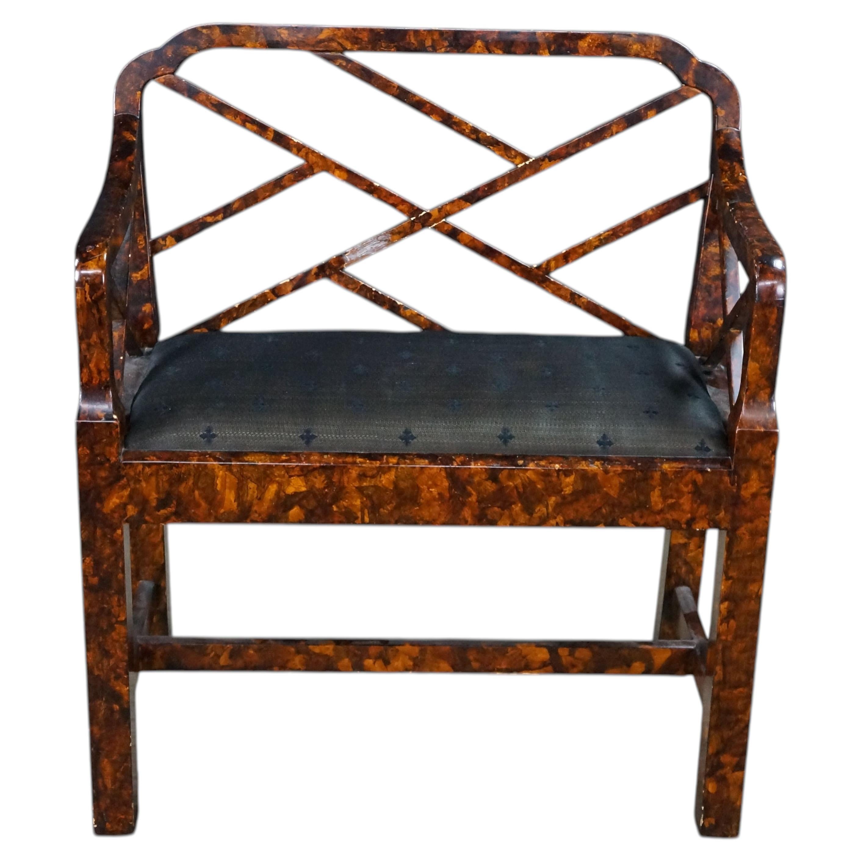 Vintage Chinese Chippendale Faux Tortoise Shell Pierced Trellis Bench Arm Chair For Sale