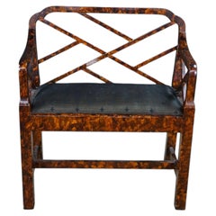 Vintage Chinese Chippendale Faux Tortoise Shell Pierced Trellis Bench Arm Chair